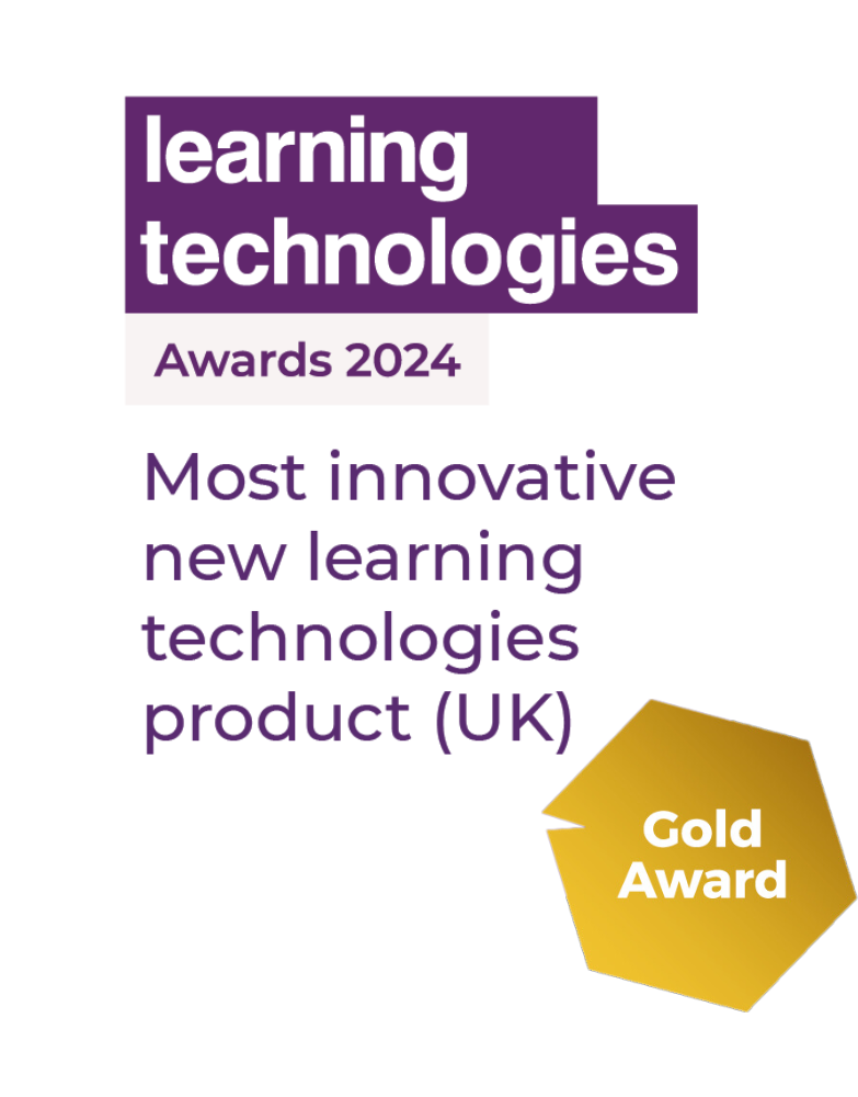 Learning Technologies Awards 2024 badge for "Most innovative new learning technologies product (UK)" with a Gold Award.